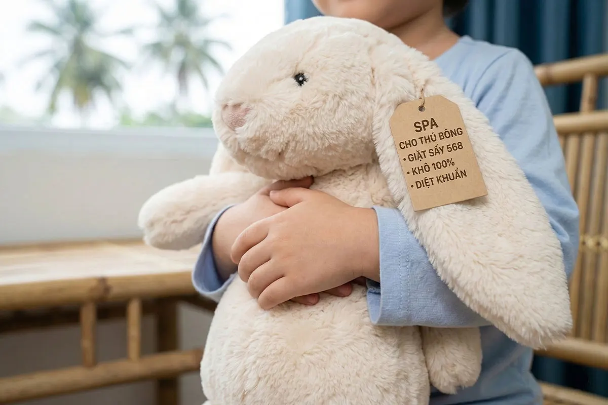 Cận cảnh đứa trẻ mặc áo xanh nhạt đang ôm chú thỏ bông lớn màu kem mềm mại. Gắn vào tai chú thỏ là một thẻ treo bằng giấy kraft ghi: 'SPA CHO THÚ BÔNG • GIẶT SẤY 568 • KHÔ 100% • DIỆT KHUẨN'. Hậu cảnh bên trái là cửa sổ nhìn ra cây dừa và cây cối nhiệt đới, hậu cảnh bên phải là nội thất mây tre đan dưới ánh nắng tự nhiên.